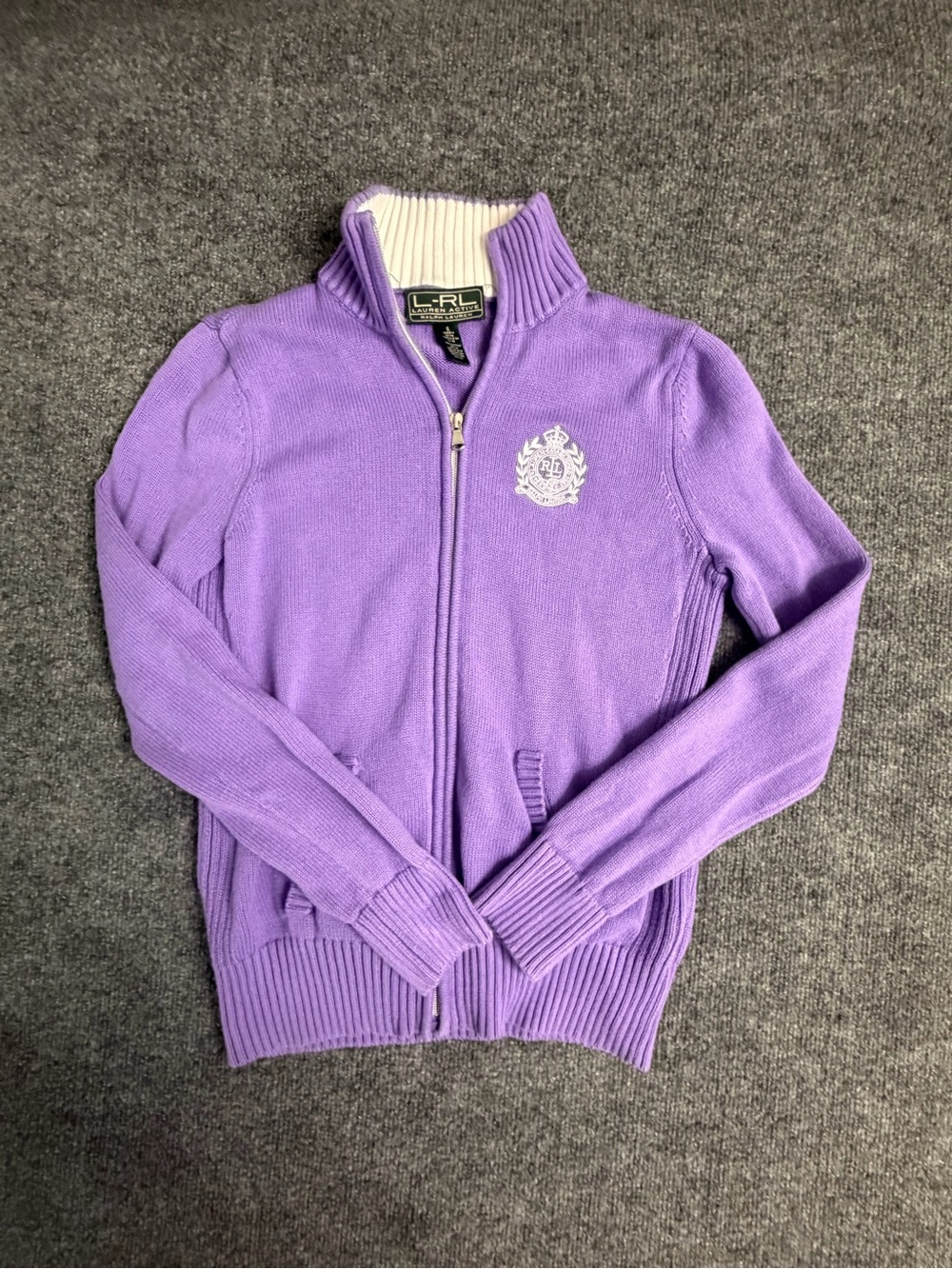 Ralph Lauren Lavender Full-Zip Crest Knit Cardigan